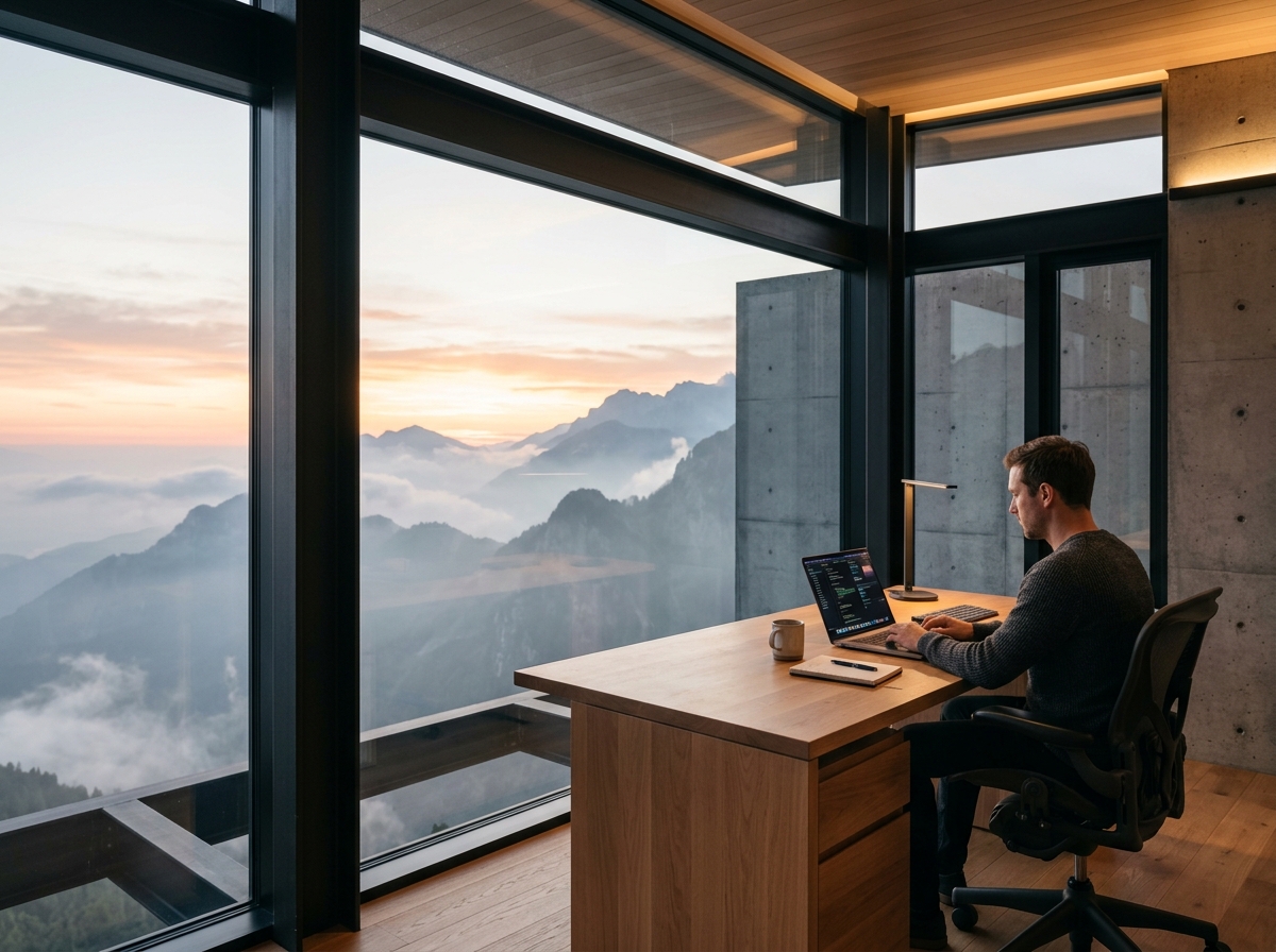 Modern architectural workspace overlooking mountains